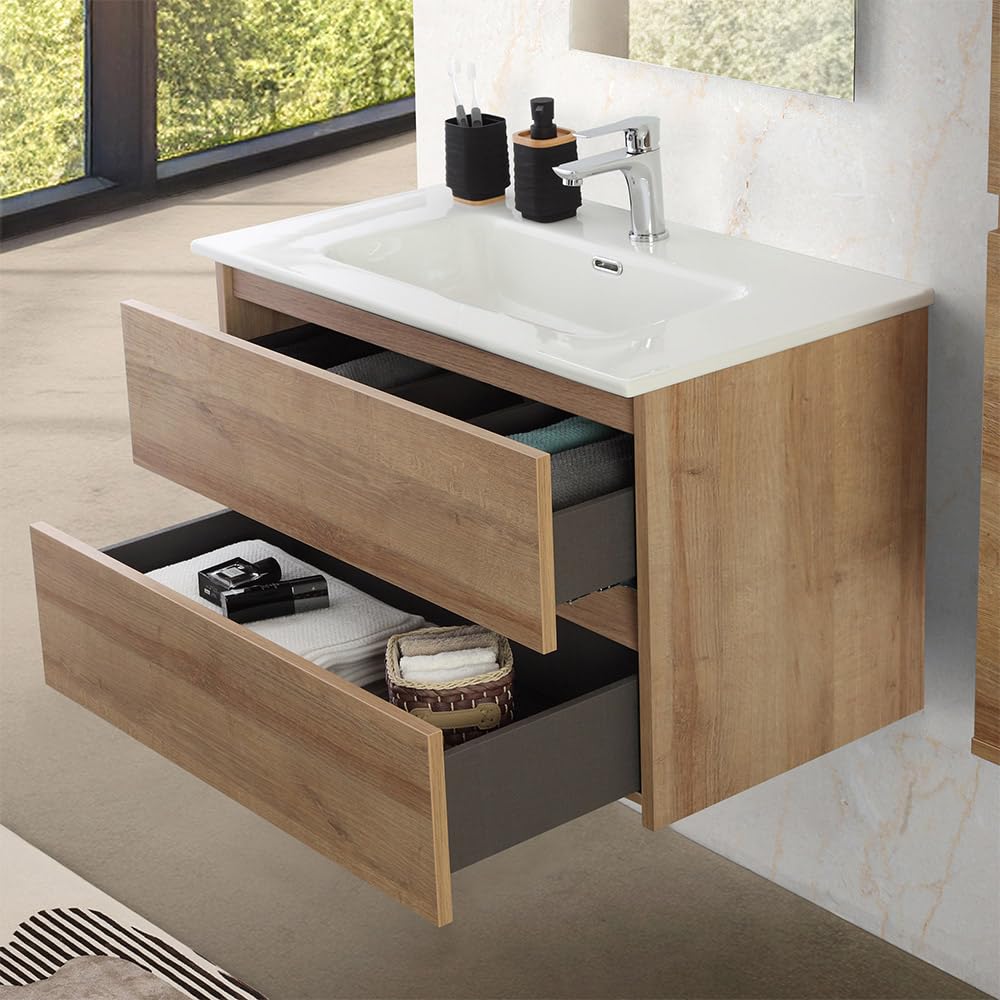 Inbagno Mobile bagno sospeso 80 cm rovere africa con 2 cassetti soft-close, lavabo in ceramica e specchio reversibile 60x80 cm, KLEO