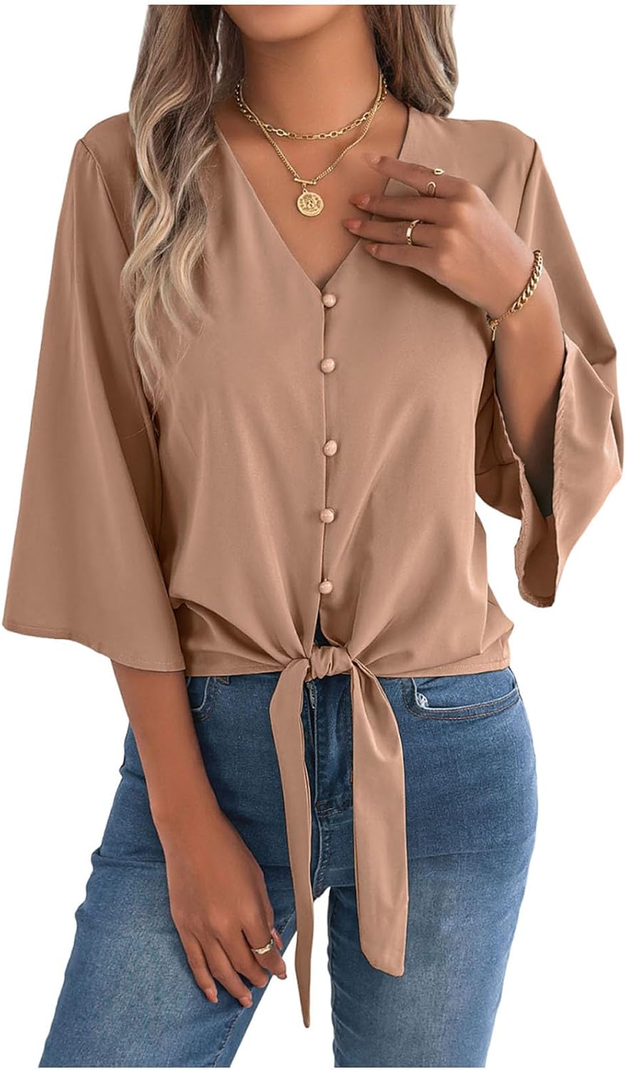 Womens Tie Front Top Button Down Shirt V Neck 3/4 Length Sleeve Tops Vacation Summer Business Casual Work Blouse