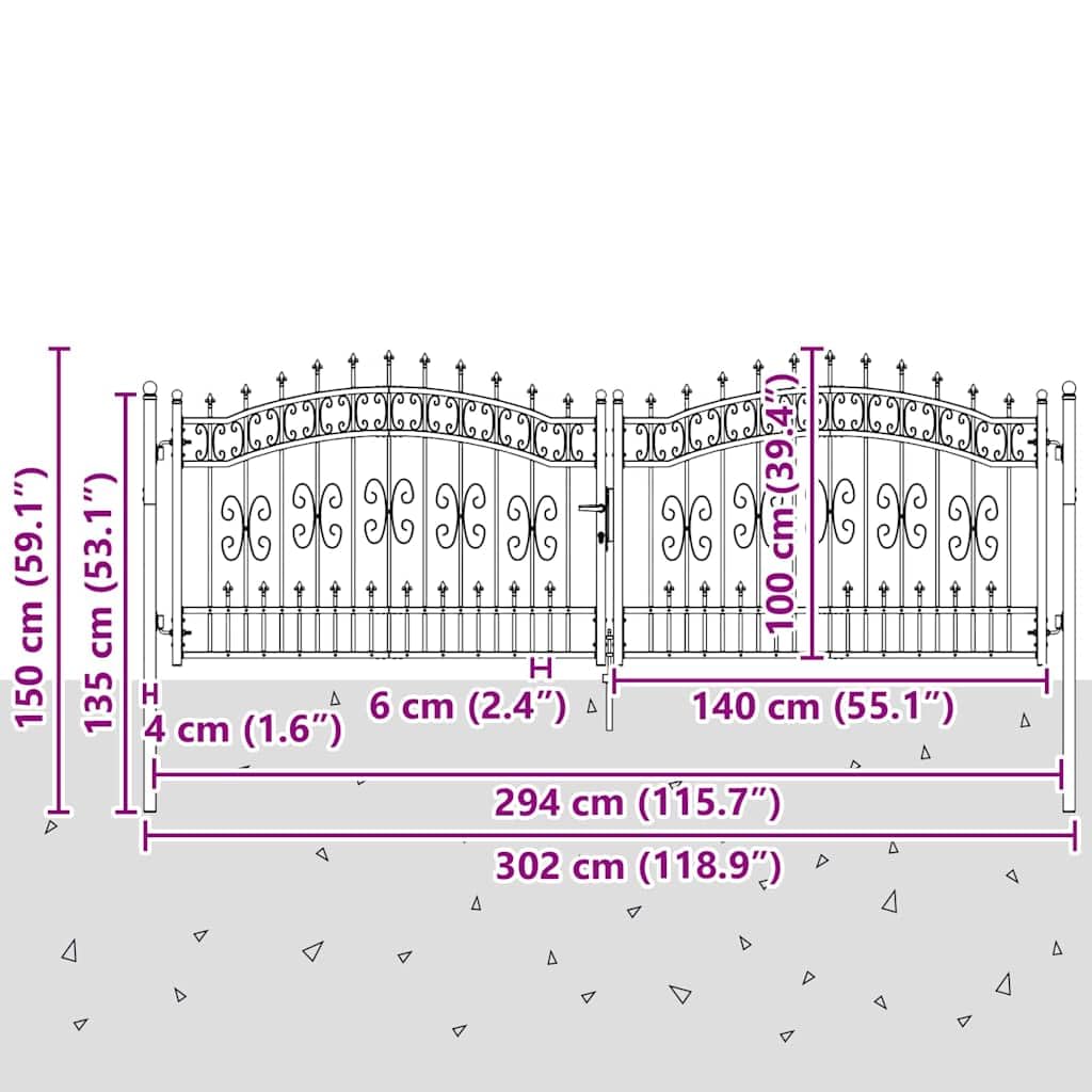 IKAYAA Cancello Doppio con Punte a Lancia Cancelletto Giardino Cancello per Recinzione Cancello Pedonale Privacy con Serratura e Chiavi Ingresso Pedonale in Acciaio-Grigio-305 x 100 cm