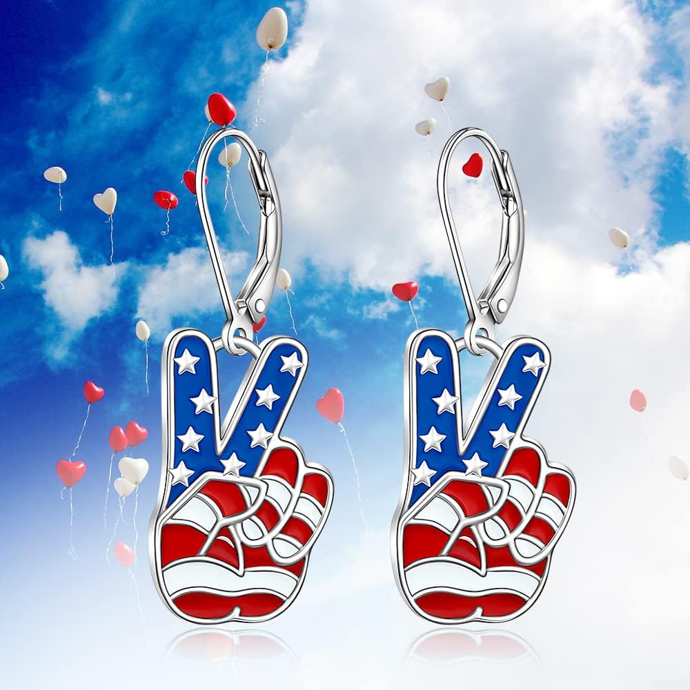 Patriotic 4th of July Earrings for Women fourth of July American Flag Earrings Sterling Silver Peace Sign Red White and Blue Dangle Patriots Independence Day Gifts - Image 9