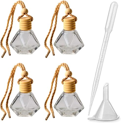4 botellas de perfume de vidrio colgantes de 0.3 fl oz recargables para automóvil, con forma de diamante, botella difusora colgante, botella