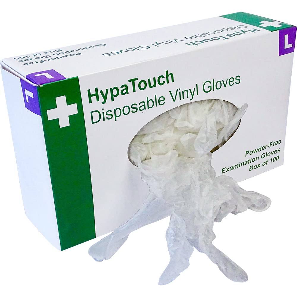 Safety First Aid Group HypaTouch Powder-Free Disposable Vinyl Gloves, Large (Pack of 100), White