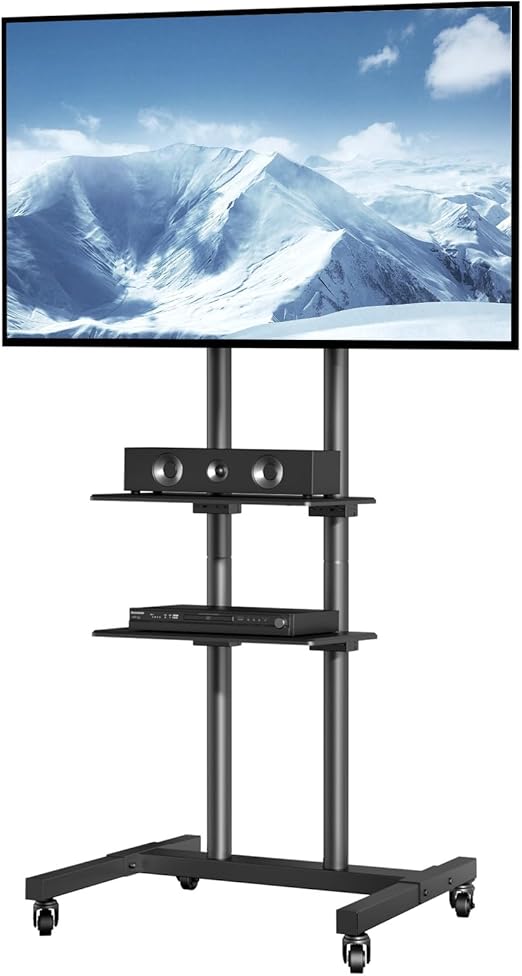 VEVOR Mobile TV Cart for 32 to 70 inch TVs, Height Adjustable Portable TV Stand with Wheels and Double Tray for Audio-Visual Devices, Rolling TV Stand for Living Room