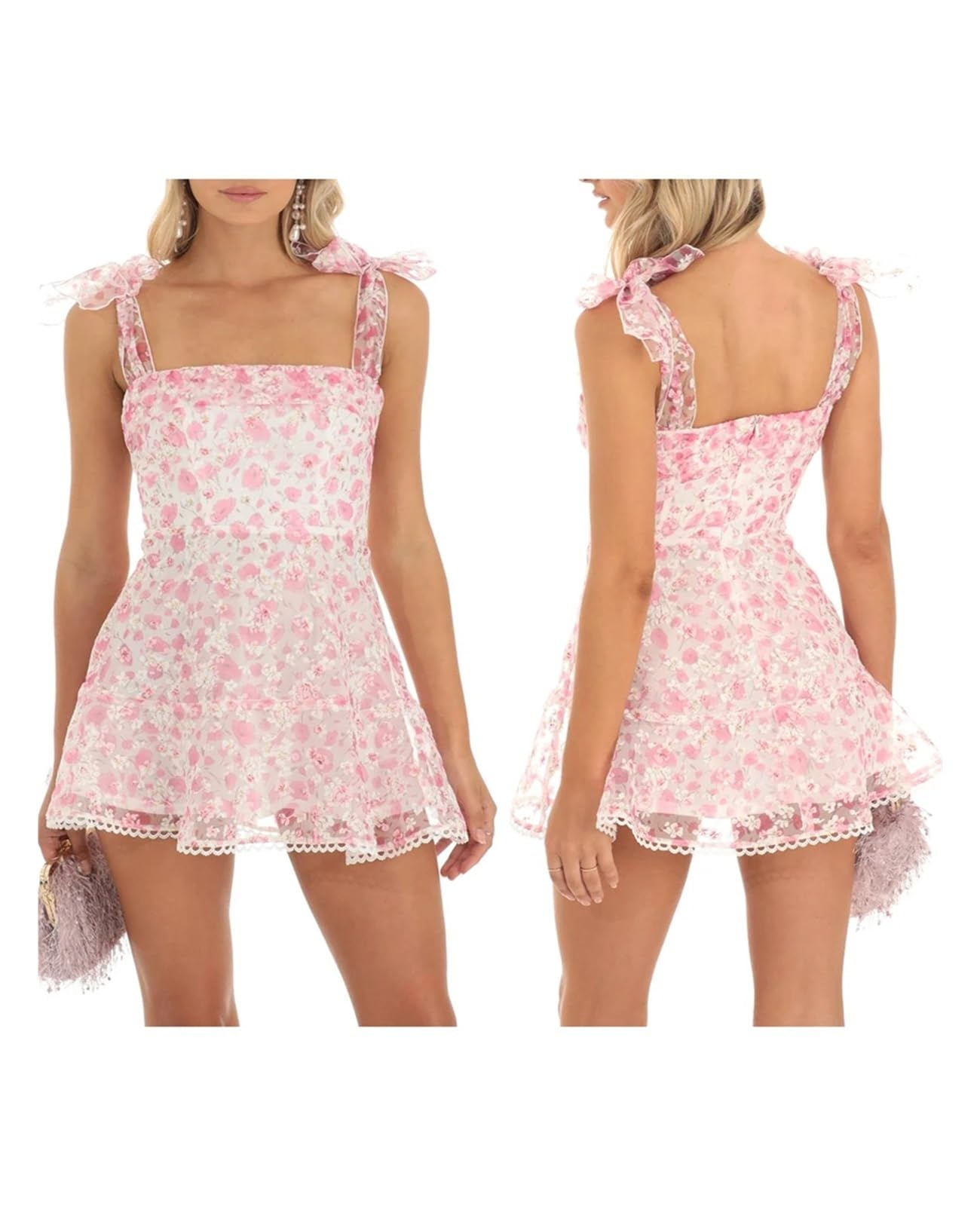 Fond De Robe Femme Robe d'été décontractée à imprimé floral for femme, mini robe tendance bretelles nouées, dos nu, double épaisseur