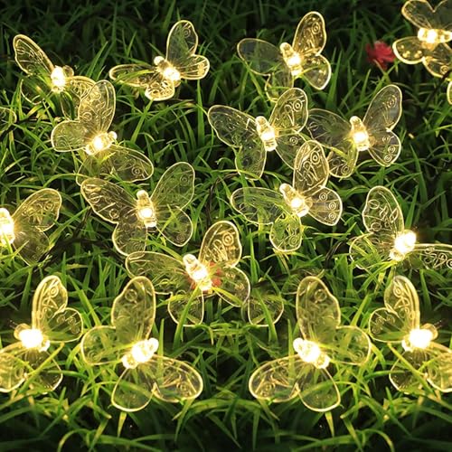 SHANJIA Guirnalda Luces Exterior Solar, 6.5m 30LED Mariposa Cadena de Luces 8 Modos Luz Solar Impermeable jardín Exterior interior fiesta de bodas en casa iluminación navideña (Cálido)
