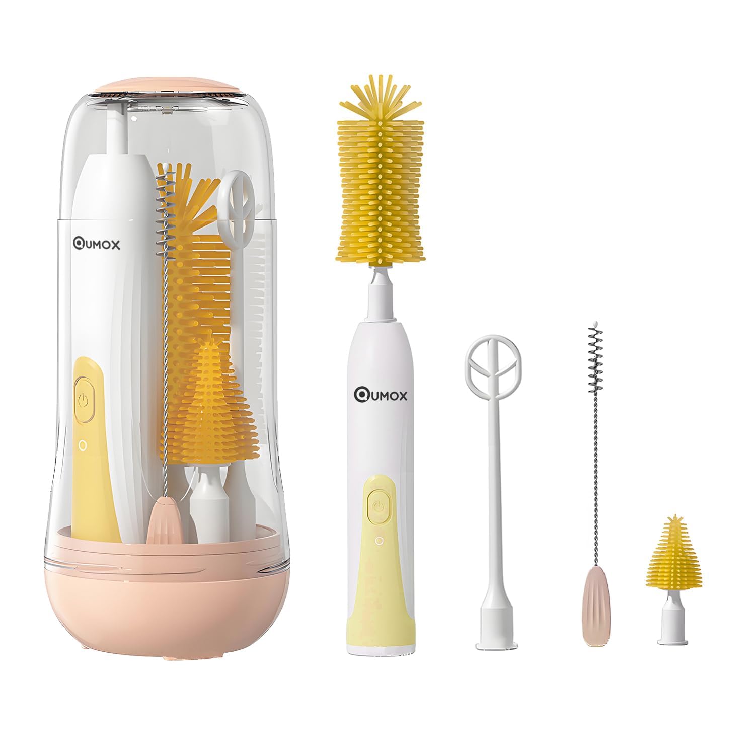 QUMOX Brosse Électrique pour Biberon Bébé, Kit de Nettoyage 6-en-1 Rechargeable USB avec Boîtier de Rangement – Brosse Motorisée pour Biberons, Tétines, Pailles, Tasses et Gobelets (Jaune)
