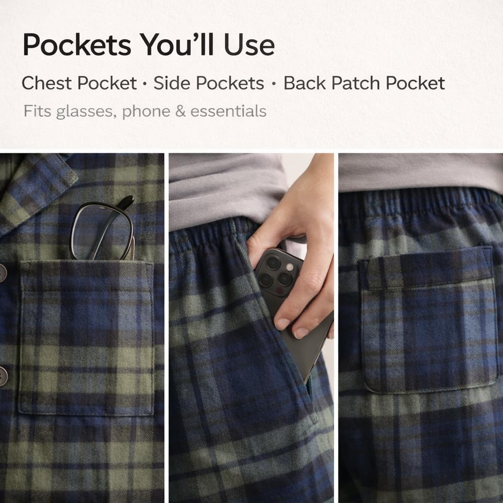 Pigiama Uomo in Flanella 100% Cotone a Quadri con Camicia e Pantaloni con Vita Elastica, Morbido e Caldo per Inverno