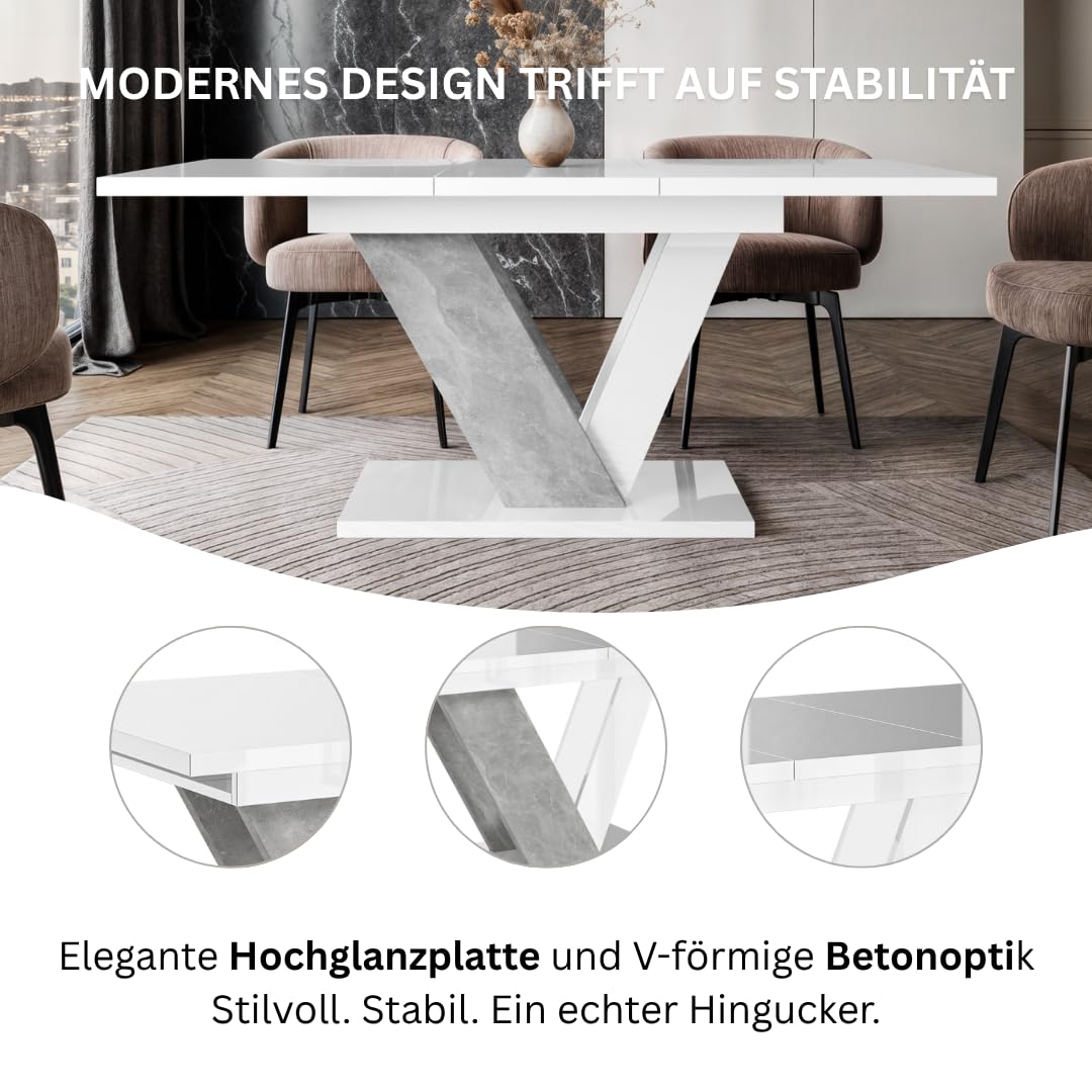 Dubai Eleganter Ausziehtisch 120-160x80 cm Großer Esstisch Loft Stil Weiß Hochglanz Betonoptik