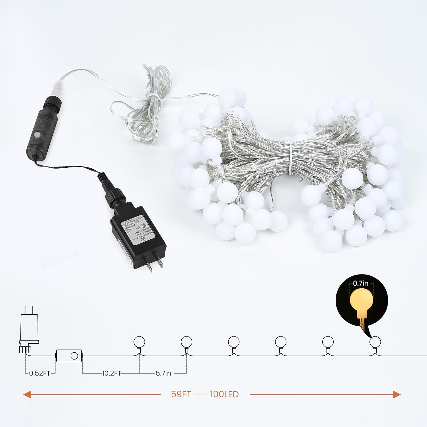 Globe String Lights, 59FT 100 Led Fairy Lights Plug In 8 Modes With Remote Control Waterproof Outdoor Indoor String Lights, Fairy Lights for Bedroom, Garden, Party, Wedding, Christmas Decor Warm White