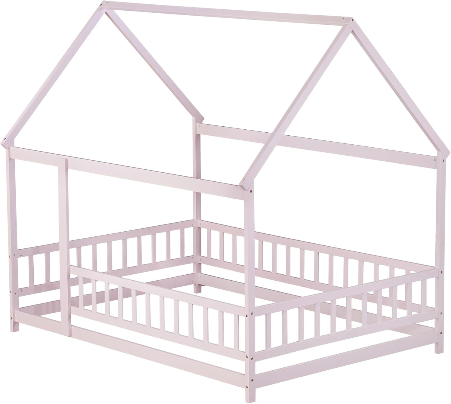 PVWIIK Full Size Montessori Floor Bed with Roof Design & Fence for Boys Girls Bedroom,Full Size Platform Solid Wood Bed Frame w/Safety Guardrails,Easy Assemble,Pink