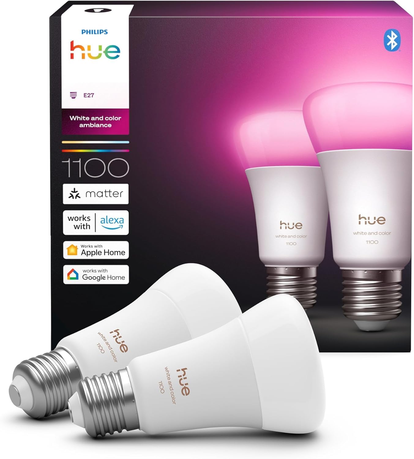 Philips Hue Ampoule connectée LED A60, White and color, Ampoule E27, 8,1 W, Spectre complet 1000-2000 K, 1100 lm, Intensité variable, Compatible Alexa, Google et Apple Home, pack de 2