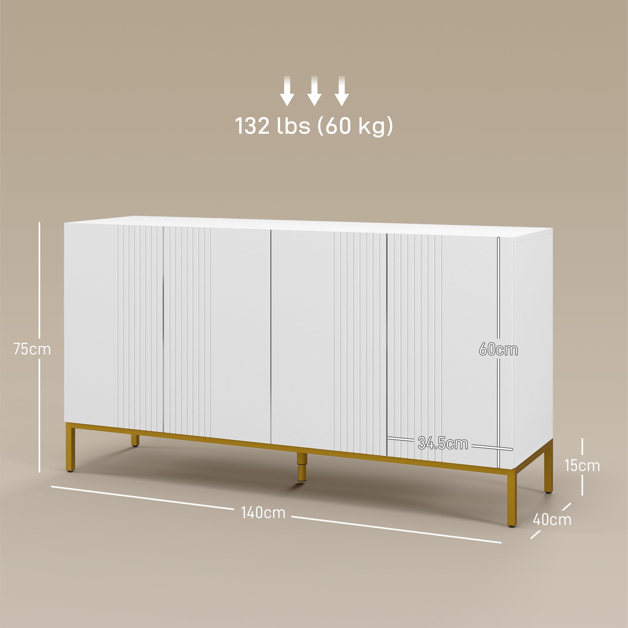 HOMCOM Credenza Moderna con 4 Ante e Mensole Regolabili Mobile da Soggiorno e Salotto con Chiusura Soft Close Bianco e Oro