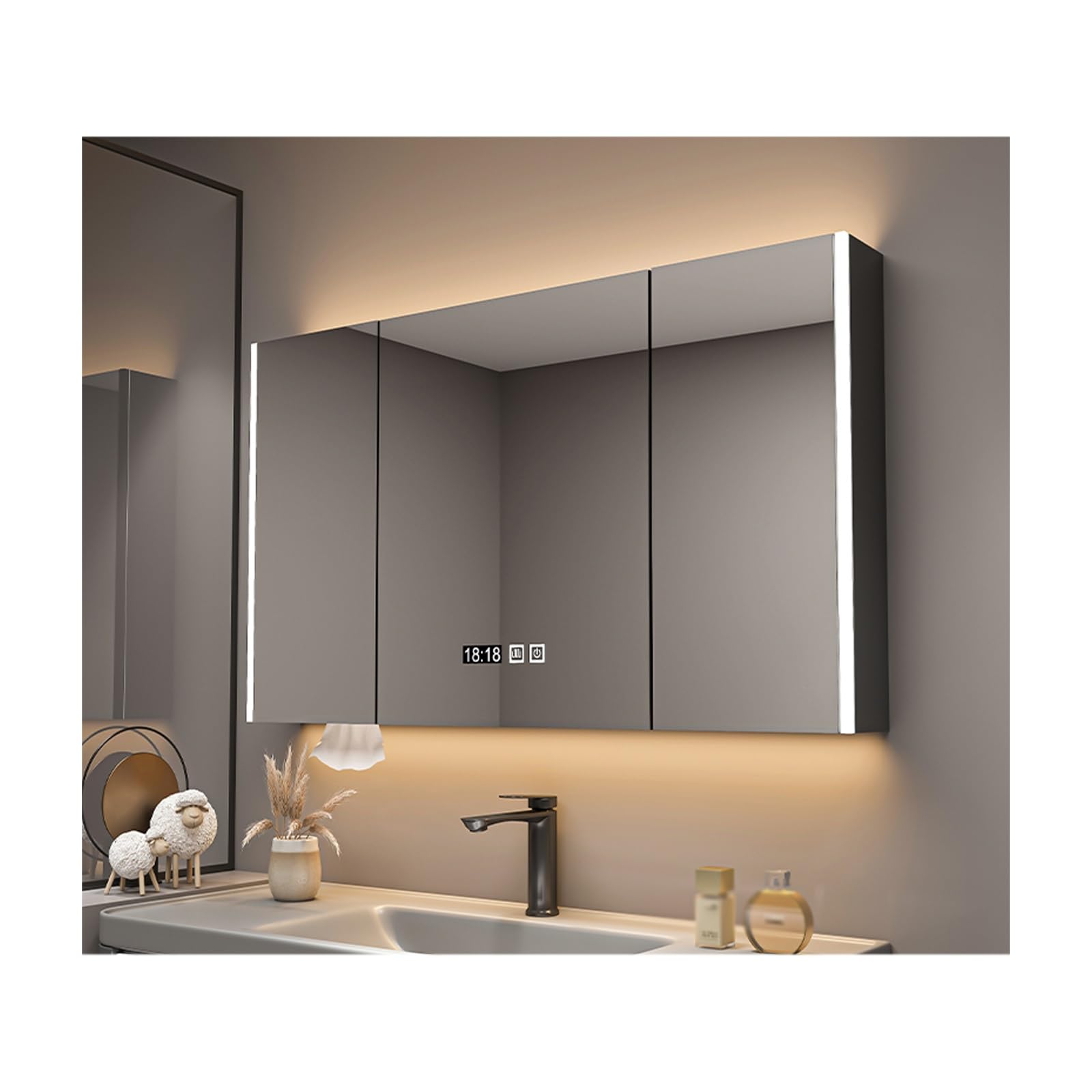 Gpdnbieu Grey Bathroom Mirror Cabinets, Solid Wood Panel, High-Definition Mirror, Intelligent Defogging(,A-90 * 70Cm/35.4 * 27.5In)