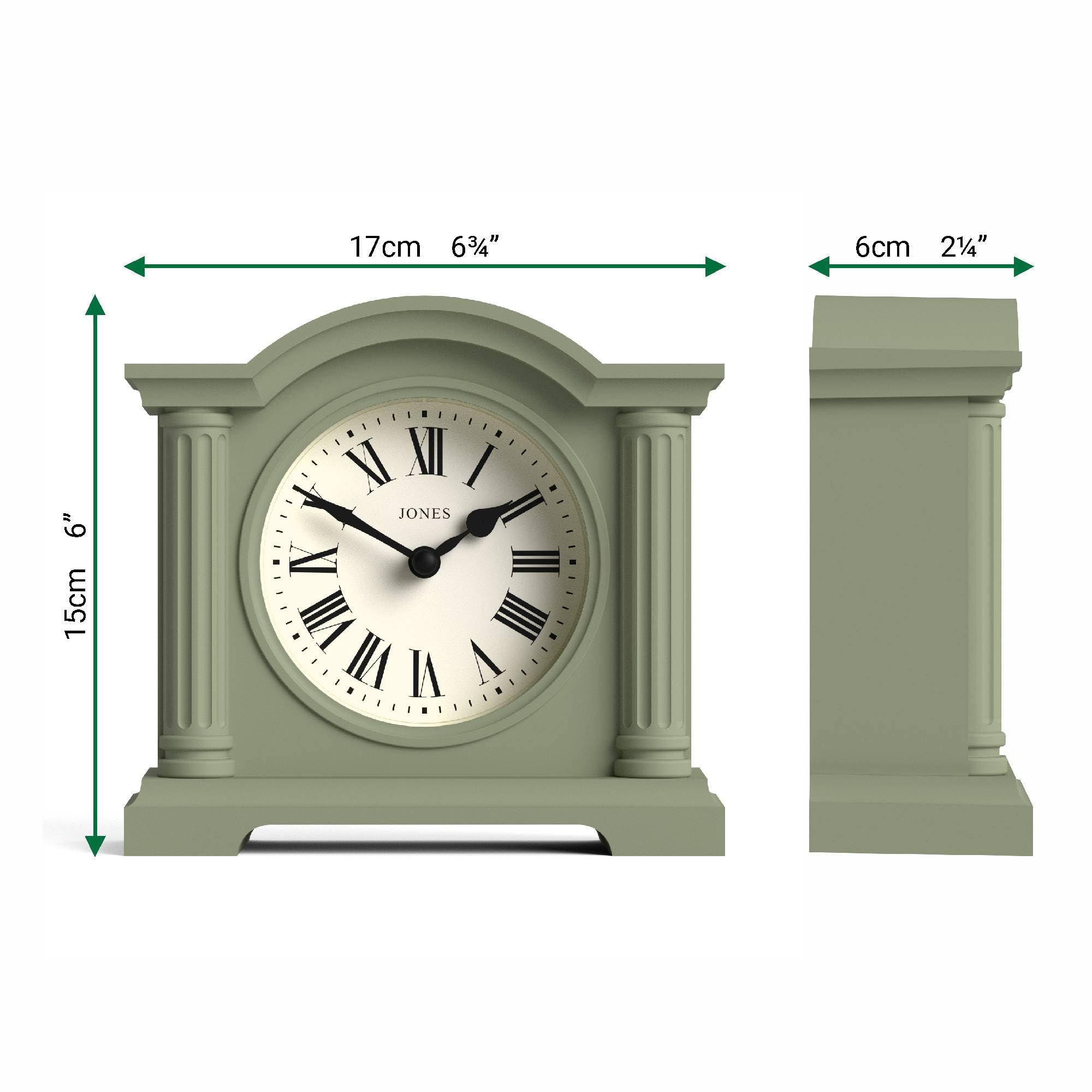 JONES CLOCKS® Kensington Kaminsimsuhr | Kleine Klassische bogenuhr | Salbeigrün | Stilvoll & zeitgenössisch | Ideal für Schreibtisch, kaminsims, bücherregal oder nachttisch
