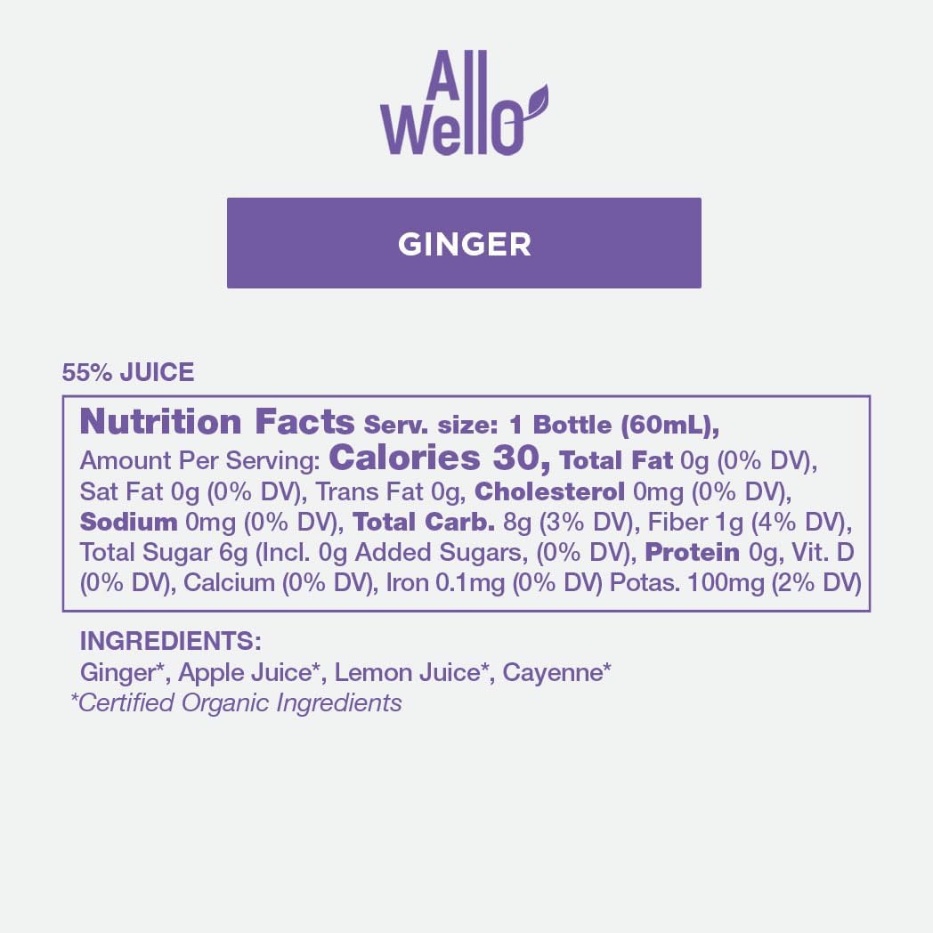 ALLWELLO Cold-Pressed Ginger Shot, 60 mL, USDA Organic Booster with Natural (6 Pack)