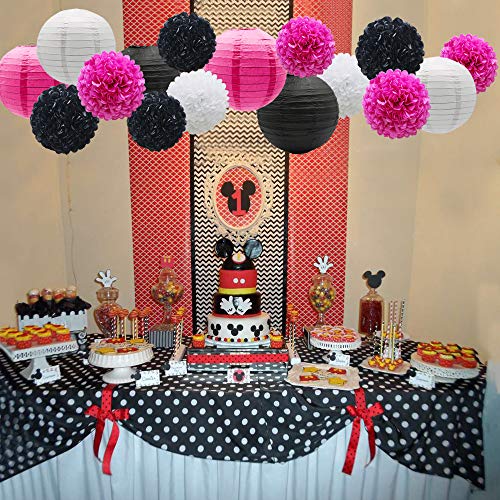 Image of KAXIXI 15-Piece Pink and Black Party Decorations, Paper Pom Poms & Lanterns
