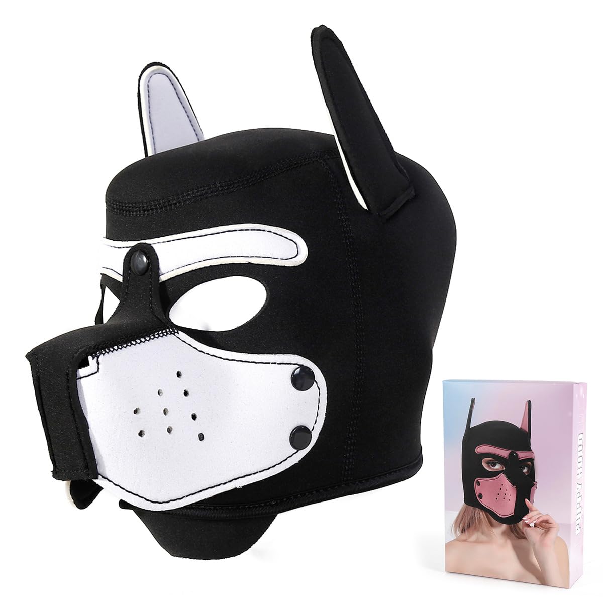 Minvy Adults Neoprene Puppy Hood Mask, Removable Cosplay Dog Full Face Pup Hood Pup Mask for Halloween (White) - Image 2