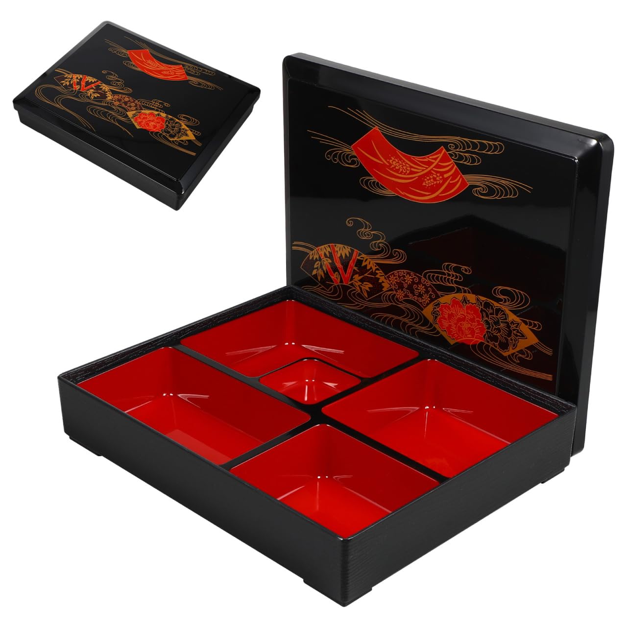 BESTonZON Japanische Bento Box Mittelgroß Mit 5 Fächern Lunchbox Aus Holzmaserung Für Büro Schule Und Reise Traditioneller Sushi Behälter 11.81X9.45X2.56 Zoll