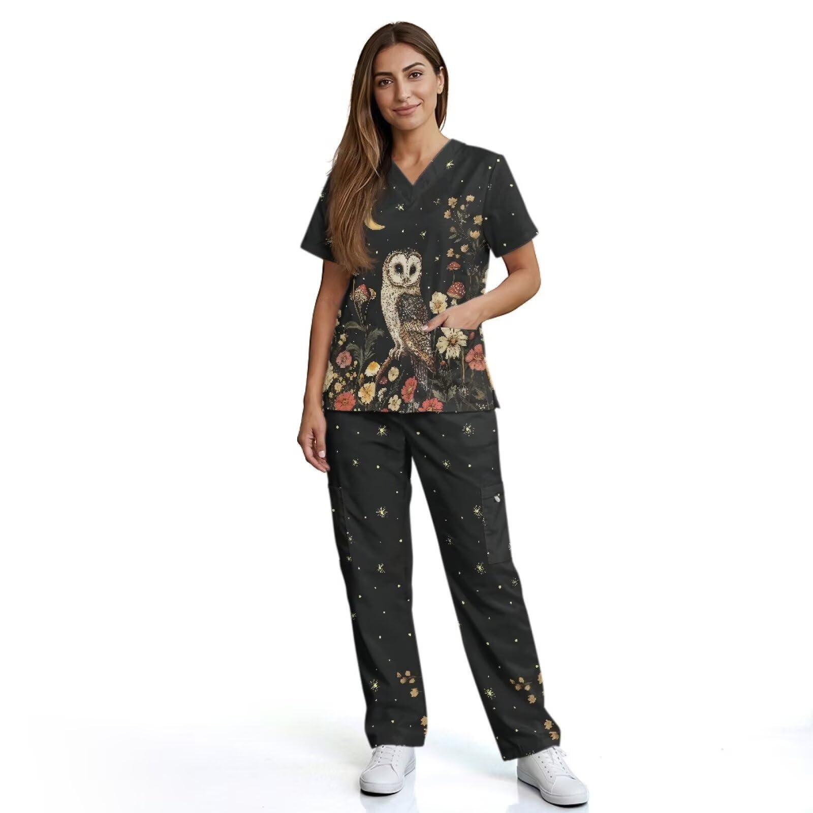 Blouse médicale pour femme avec joli imprimé infroissable et pantalon large avec 6 poches pour soins de santé