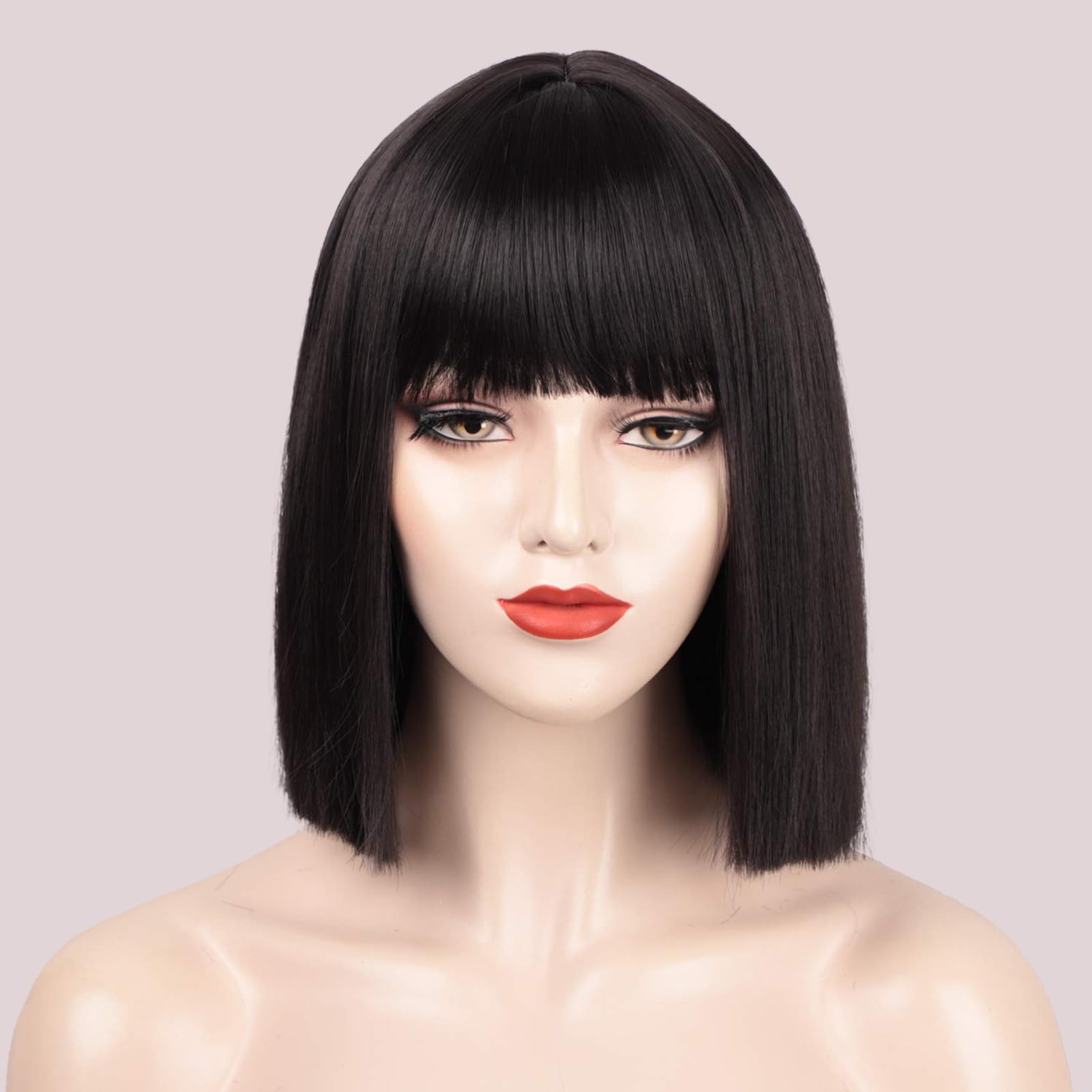 Black Bob Wig with Bangs, Short Black Wig for Women Straight Bob Wigs Heat Resistant Synthetic wig Mia Wallace Cleopatra Cospaly Daily Party Use 12”