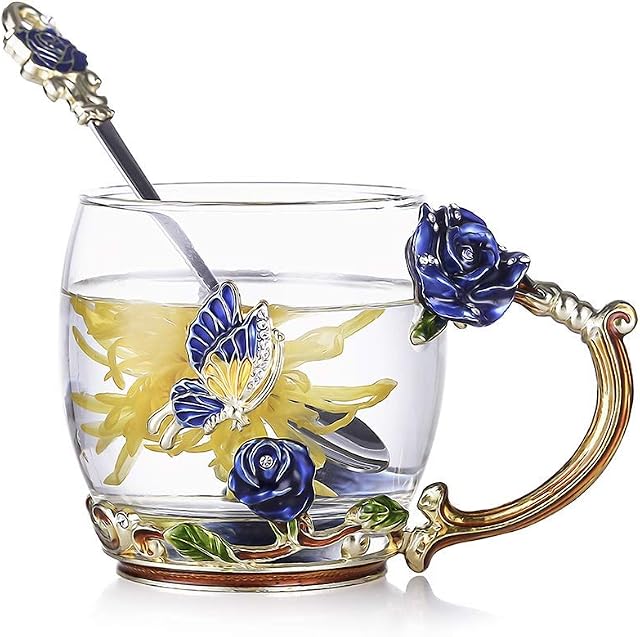 evecase Enamels Butterfly Flower Lead-Free Glass Coffee Mugs Tea Cup with Steel Spoon Set, Gifts for Women Wife Mum Teacher Friends Valentines Christmas Birthday Mothers Day (Blue)