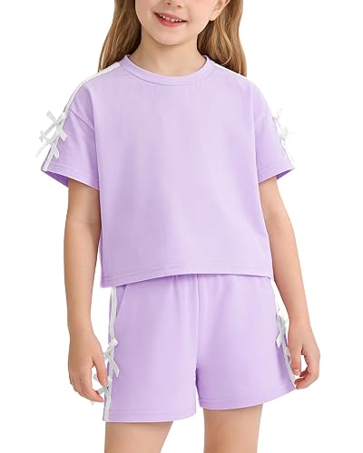 SOLOYEE Girl Clothes Size 6T 7T Girls Summer Outfits White Bows Short Sleeved Top + Shorts Cute 2 Piece Clothing Set for Little Girls (Purple, 6-7 Years)