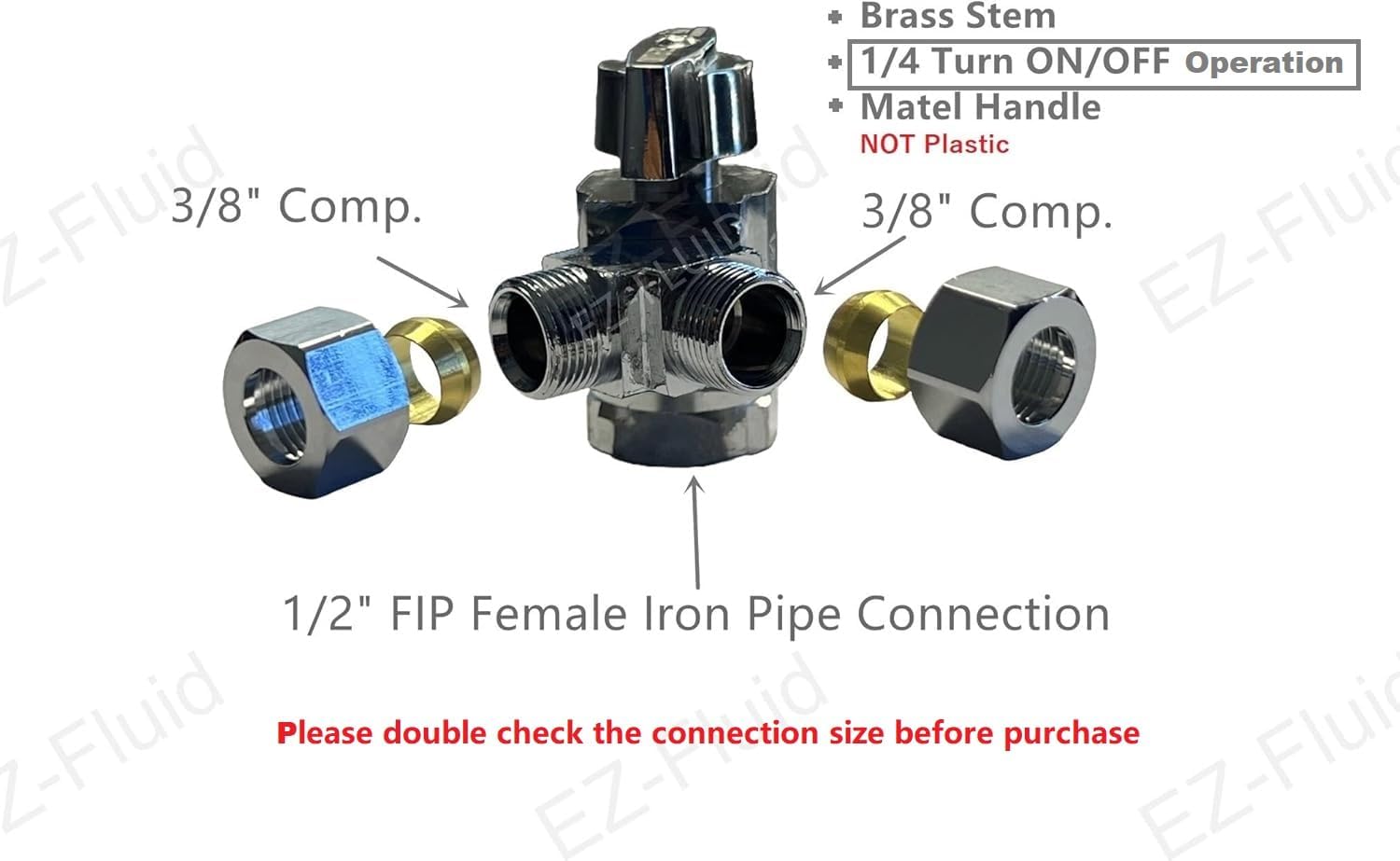 EZ-Fluid 1/2" FIP Female Iron Pipe Threaded X 3/8"Comp X 3/8"Comp Dual Outlets Heavy Duty Chrome Brass Angle Stop Valve 1/4 Turn Water Shut Off Ball Valve For Water Pipe,Kitchen,Bathroom (1)