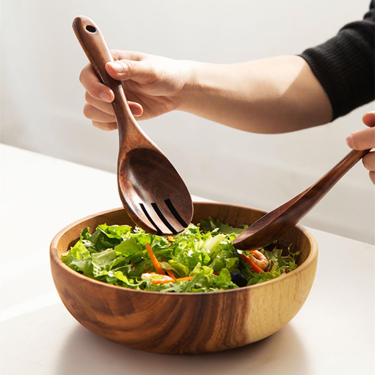 YXE Juego de cuencos de madera para ensalada, 24 x 7 cm, cuenco grande de madera de acacia con cuchara de ensalada y tenedor para mezclar frutas, cereales, pasta, pasta (juego de 3 cuencos grandes