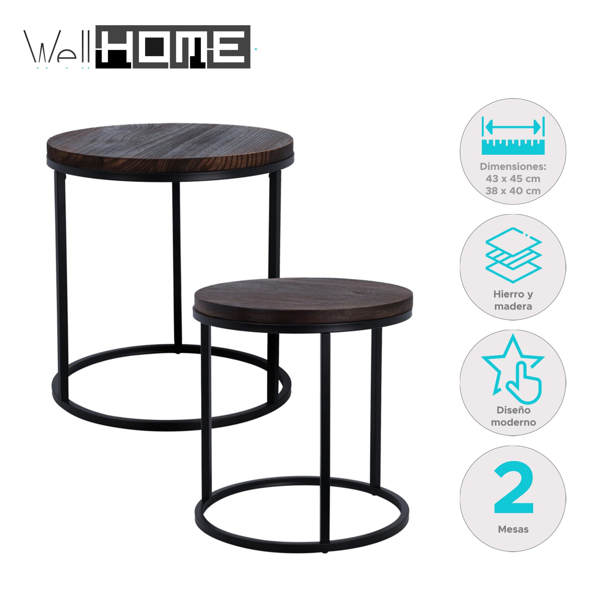 WELL HOME MOBILIARIO & DECORACIÓN Set di 2 tavole rotonde in ferro e legno di Paulownia