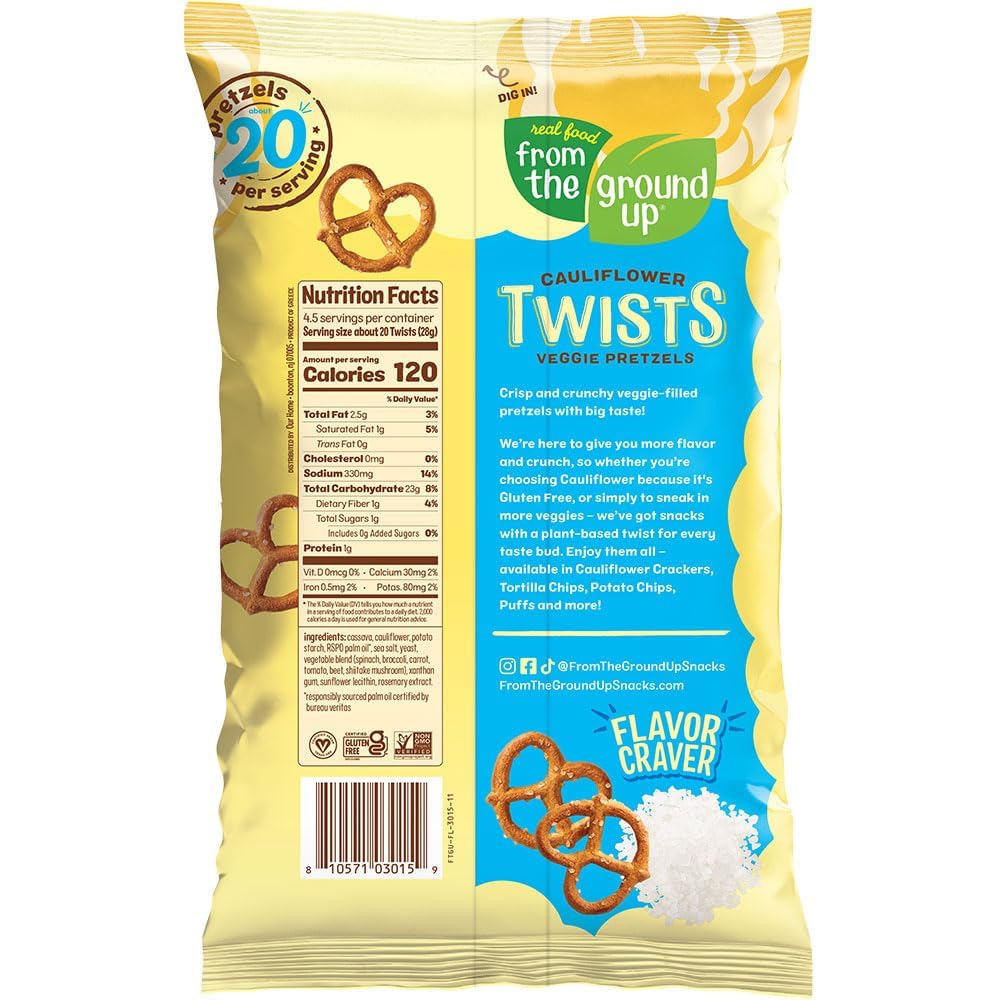 Real Food From The Ground Up Vegan Cauliflower Pretzels, Gluten Free, Non-GMO, 6 Pack (Twists)
