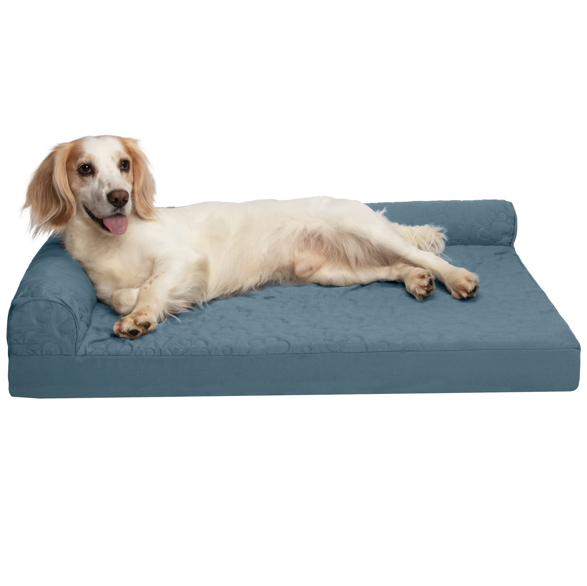 FurHaven Large Memory Foam Dog Bed Pinsonic Quilted Paw L Shaped Chaise w/Removable Washable Cover - Bluestone, Large