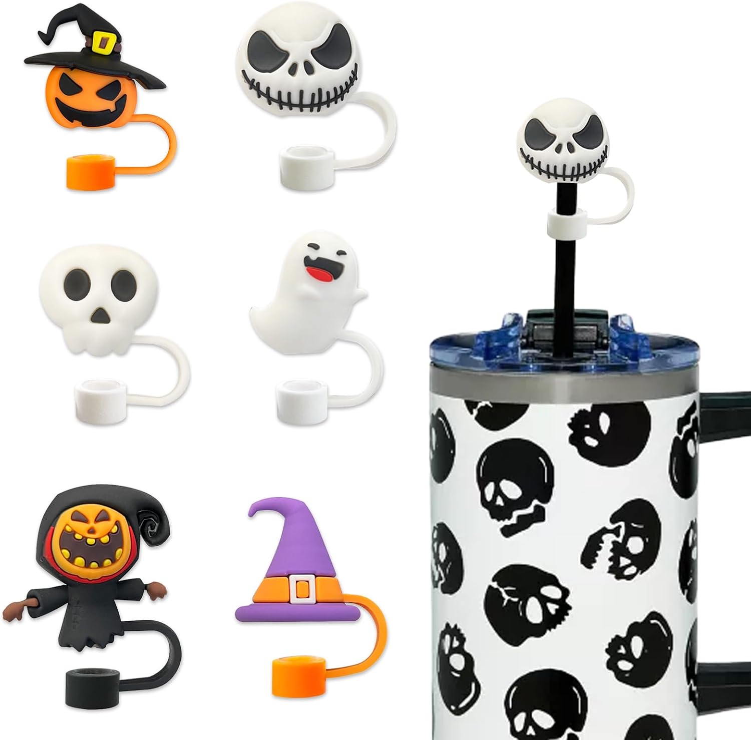 6PCS Halloween Straw Toppers Silicone Dust-Proof Reusable Straw Covers