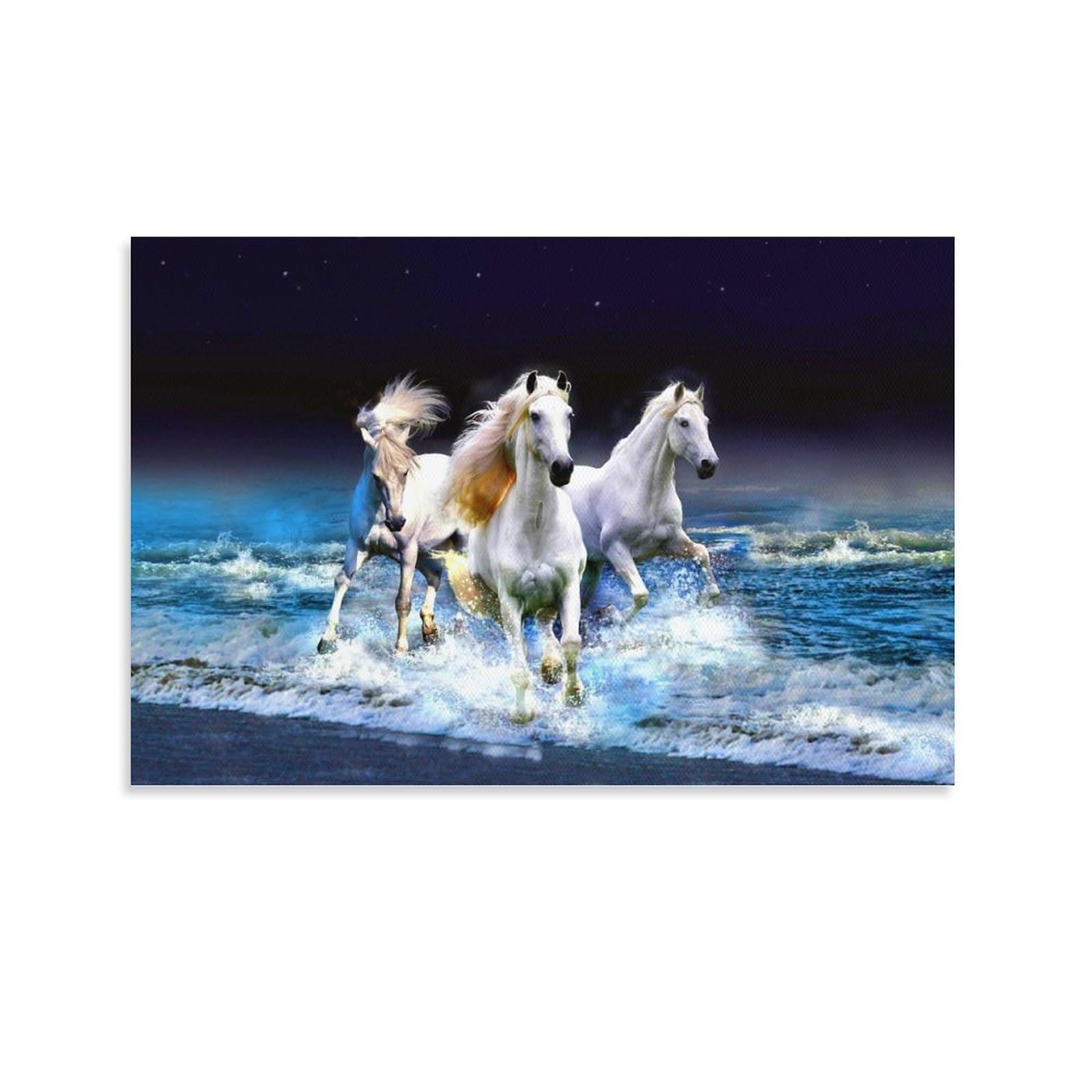 Amazon.co.jp: 絵画 夜の浜辺を走る3頭の白い馬インテリア 絵画 超