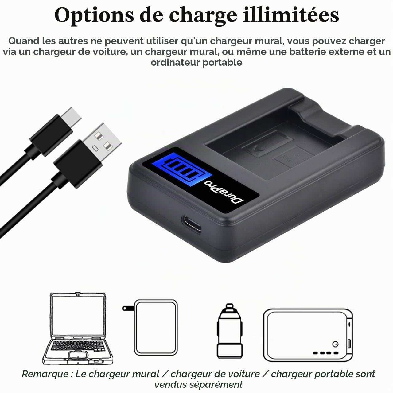 DuraPro Lot de 2 Batteries DMW-BCG10 DMW BCG10 + Chargeur USB LCD pour appareils Photo Panasonic DMW-BCG10, DMW-BCG10E, DMW-BCG10PP et Panasonic Lumix DMC-TZ10 DMC-3D1, DMC-TZ6, DMC-TZ7, DMC-TZ8
