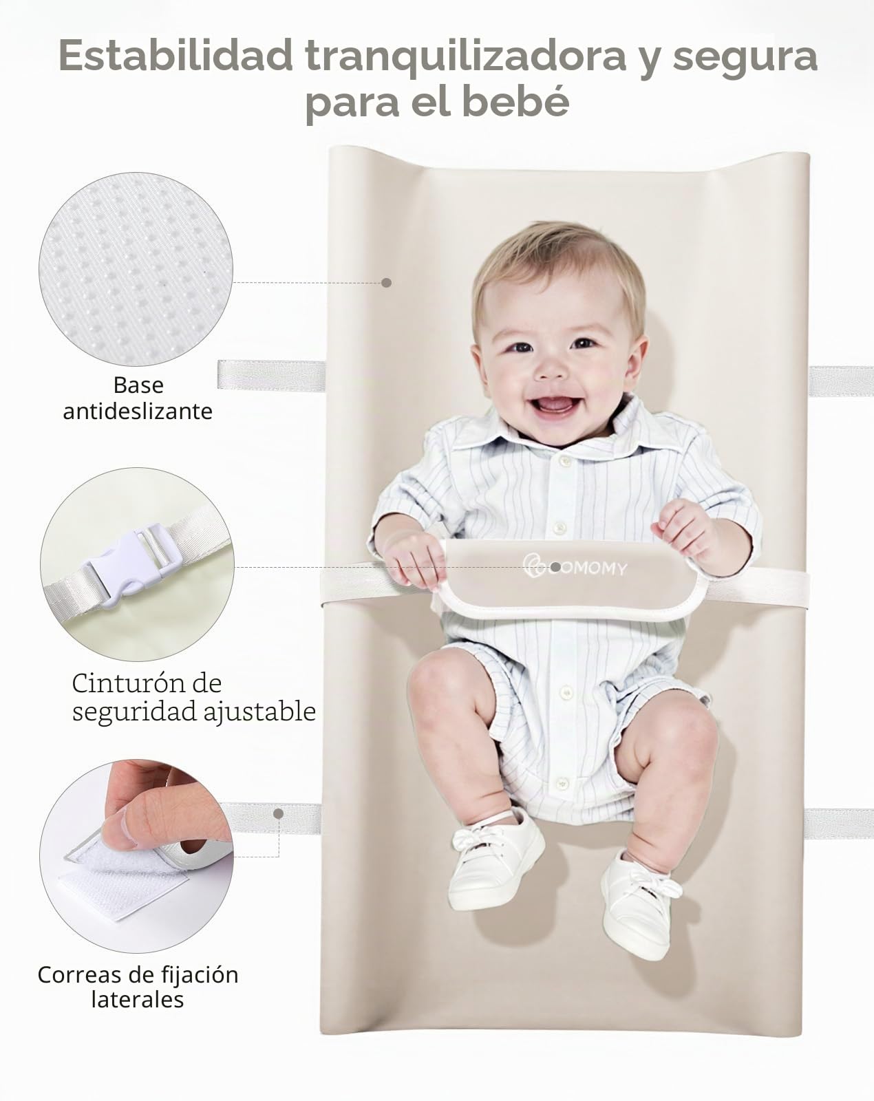 COMOMY Cambiador de cuero vegano para bebé con cubierta de poliuretano impermeable y suave, almohadilla cambiadora de cuña antideslizante con correas de seguridad, cambiador de pañales portátil, para