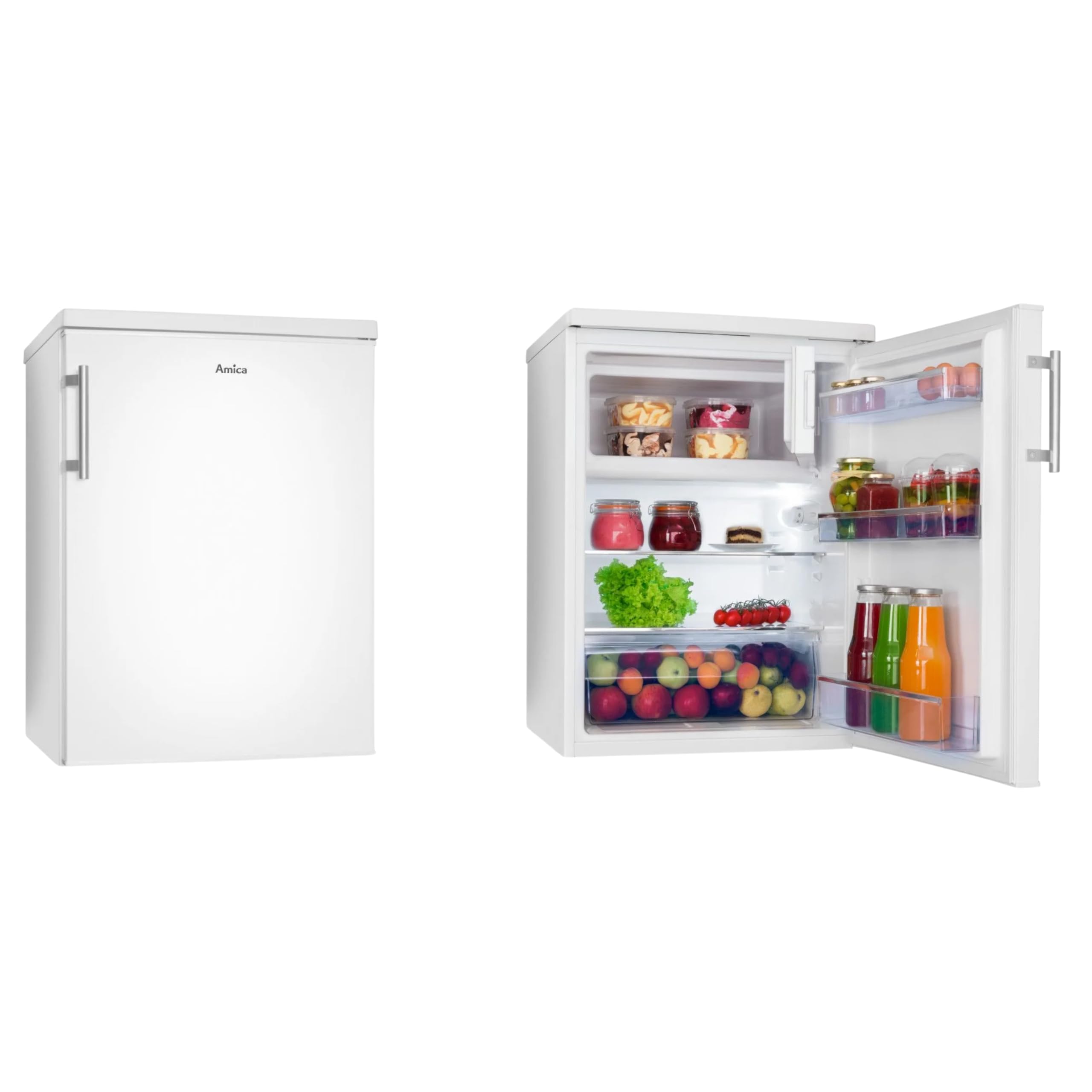 Amica Kühlschrank mit Gefrierfach 136 L 85x60x64,8 cm KS 15915 W | 117 L Kühlteil, 19 L Gefrierteil, LED Beleuchtung, Gemüseschublade, Wechselbarer Türanschlag, Glasablage