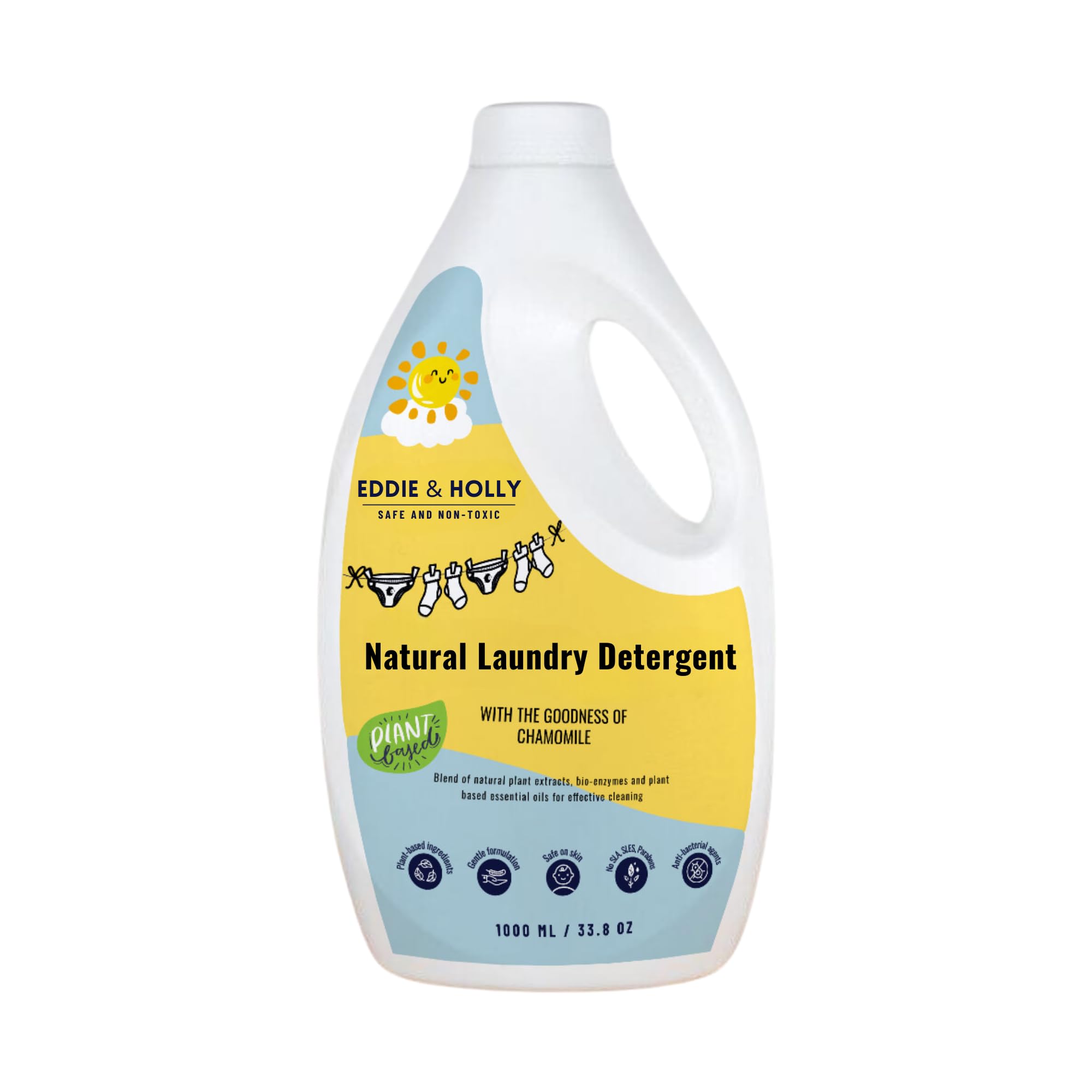Eddie & Holly Natural Laundry Detergent Liquid | 1 Litre | Plant based with Bio-enzymes, Essential Oils and Chamomile | Gentle & Safe Formulation | Safe for Babies