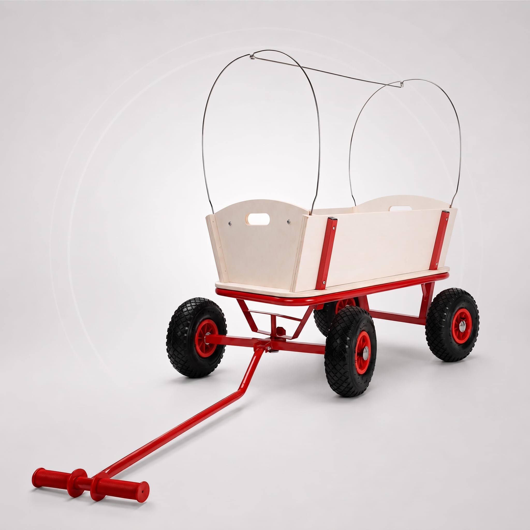 MONZANA® Bollerwagen Holz bis 180 kg mit Dach Luftreifen Stabil Robust Stahl Allround Handwagen Gartenwagen Strandwagen Leiterwagen Transportwagen Rot