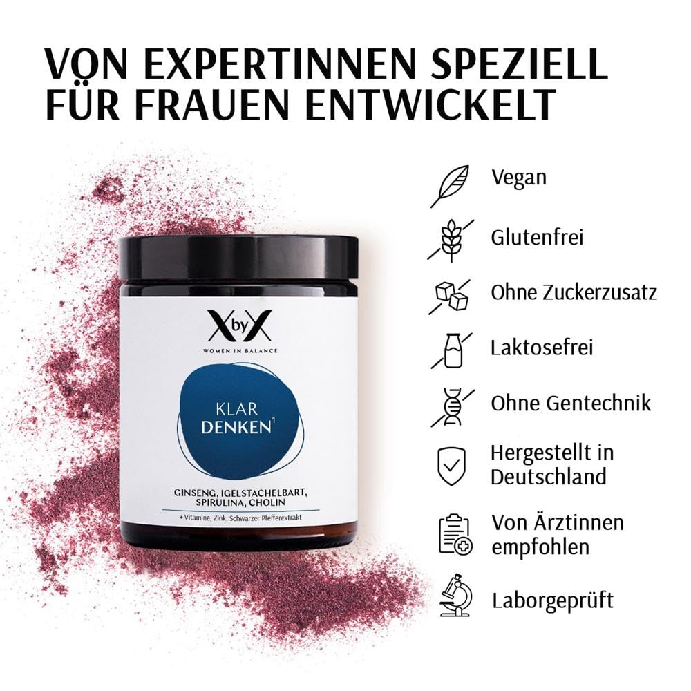 XbyX Klar Denken 90 g | 30 Portionen | Unterstützt Denkleistung, Fokus und Konzentration | Enthält Adaptogene Ginseng, Igelstachelbart & Spirulina | B-Vitamine, Cholin und Zink | Aus Deutschland