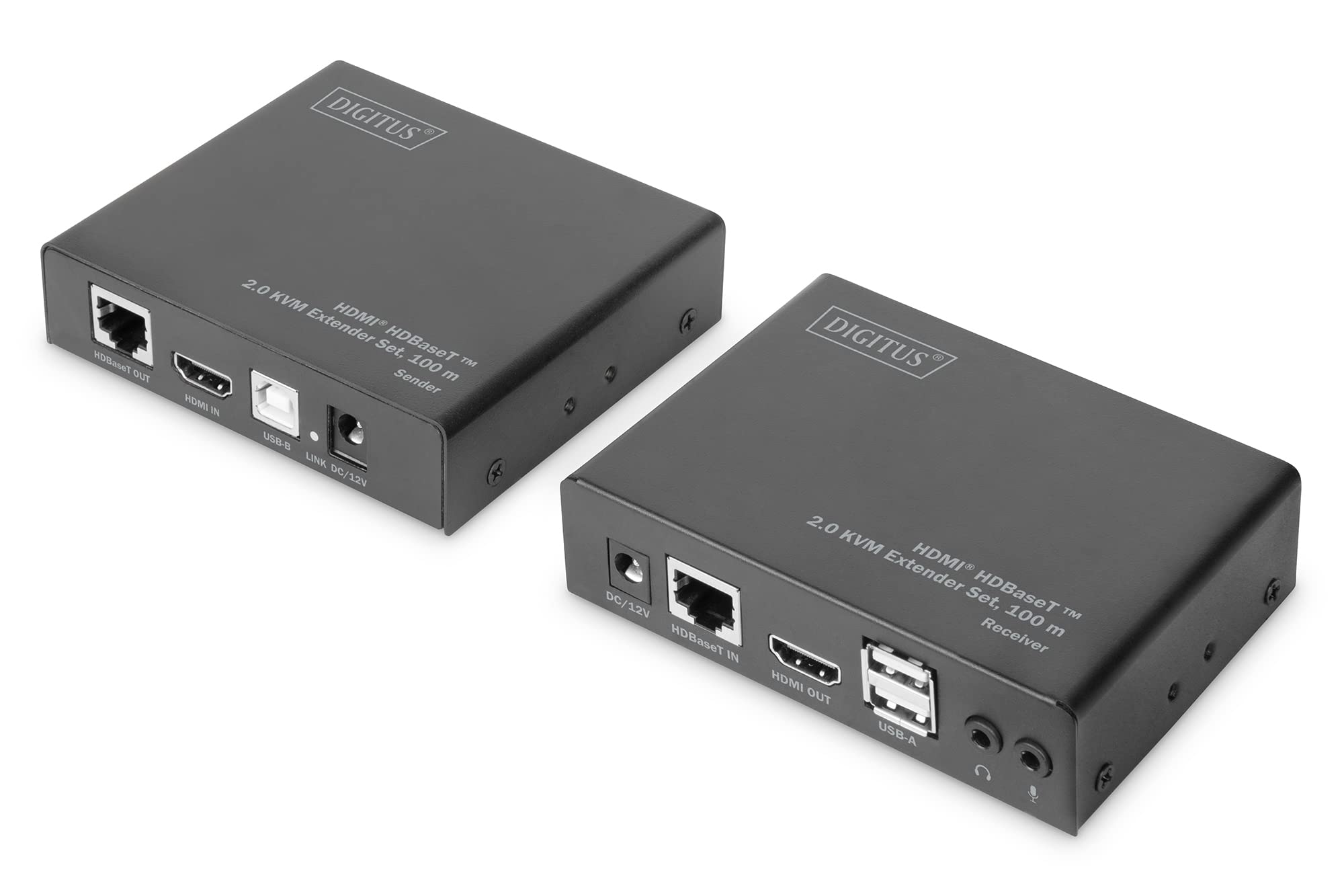 DIGITUS HDMI KVM Extender Set – UltraHD 4k – Sender und Empfänger – HDBaseT 2.0 ab CAT 6a Netzwerkkabeln – HDMI 1.4 – USB 2.0 - Reichweite bis 100m – Schwarz