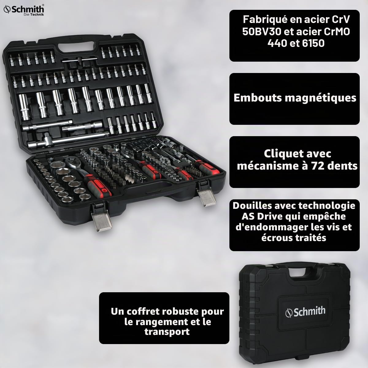 Kit d'Outils dans une Malette - Clé à Douille, Embouts, Cliquet 72 Dents et Accessoires - 1/4” 1/2” 3/8" - Coffret de Douilles - 182 Pièces