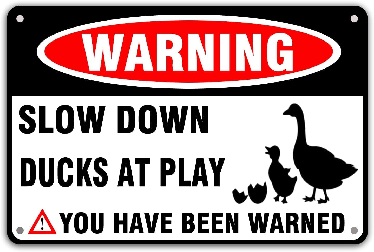 SMAZDFXX Warning Sign,Slow Ducks At Play,Funny Metal Sign,Funny Novetly Caution Sign for Farmhouse Fence House Accessories Poster Outdoor Yard 12"x16"