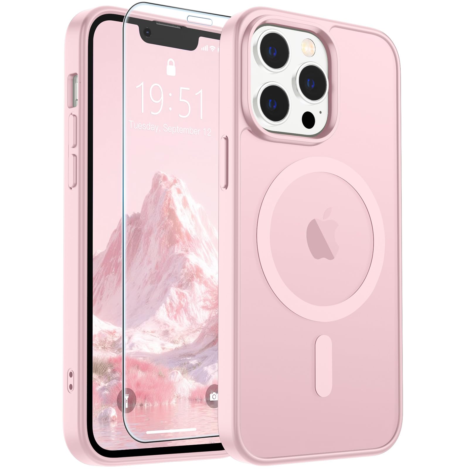 SUPFINE Magnetic for iPhone 12 Pro Max Case Light Pink | With Screen Protector, Translucent Matte, Compatible with MagSafe, Military Grade Drop Proof, Rugged Shockproof Protective