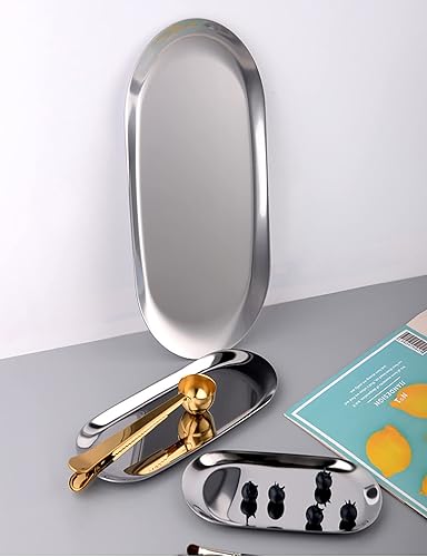 Miniatura 9 de 4 bandejas para baratijas de 7 x 3.3 pulgadas, acero inoxidable plateado, para bandejas de servir, toallas, platos, platos de té, frutas, plato de