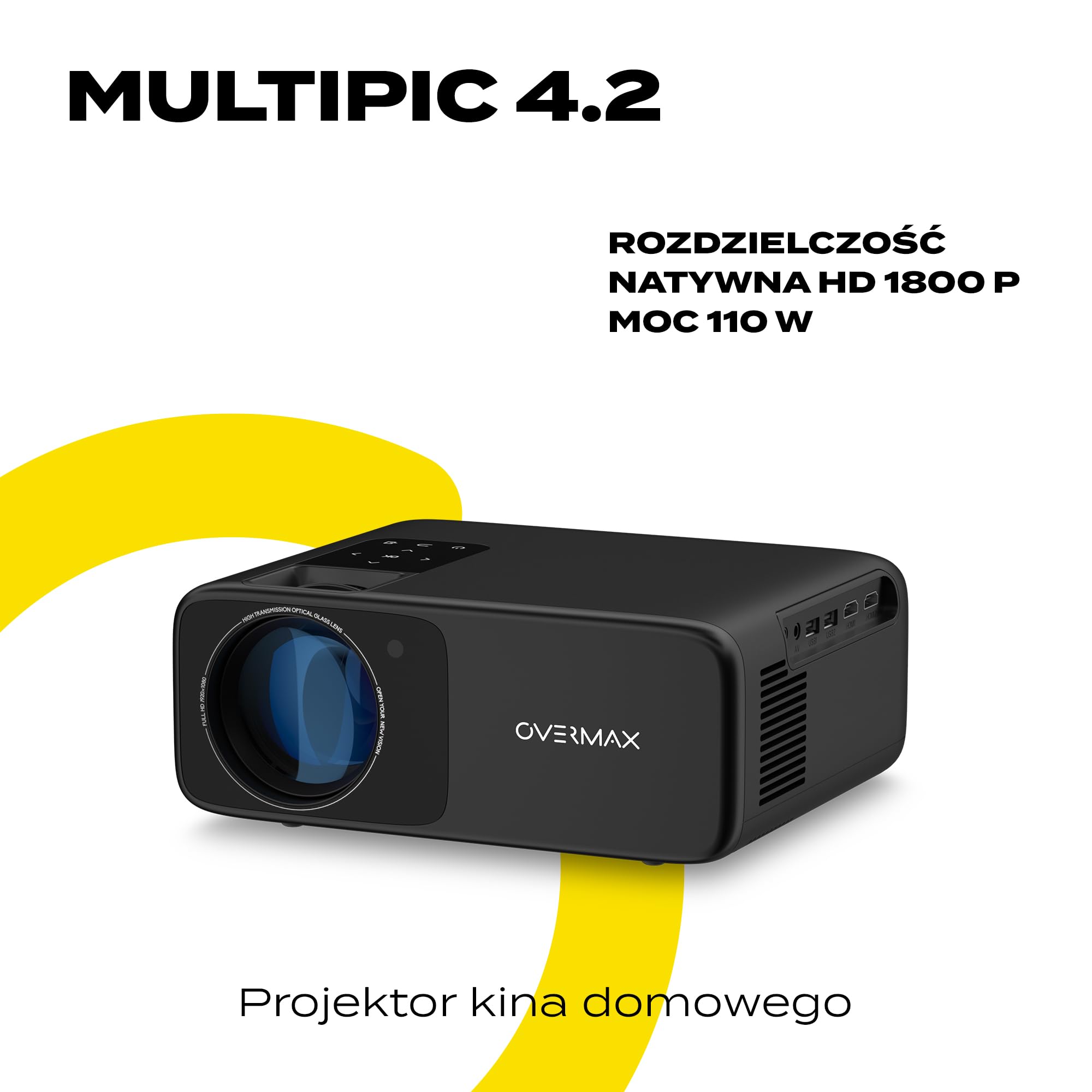 Overmax Multipic 4.2 Full HD 1080p projektor LED 200", 4500 lumenów, system 4-soczewkowy, WiFi 2.4 5G BT HDMI, USB głośnik 360°, rotacja obrazu, przeżyj EURO 2024 i wieczory kina domowego w