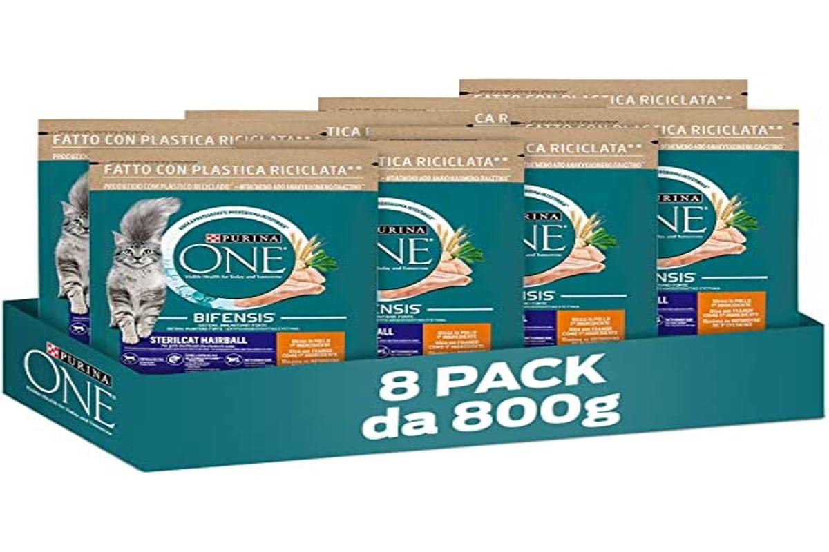 Purina One Bifensis - Pienso para Gato Sterilcat Hairball, 8 Paquetes de 800 g