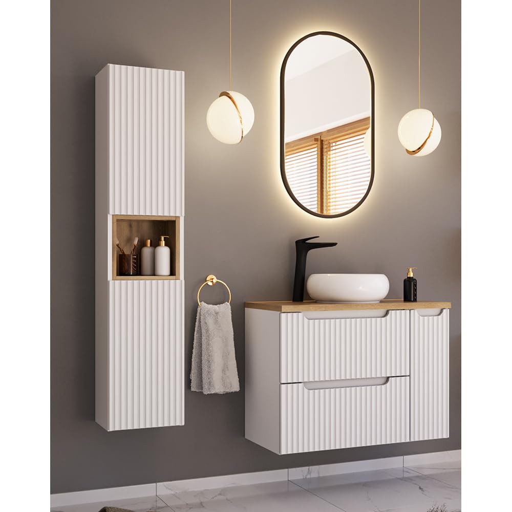 Lomadox Badezimmer Badmöbel Set 3-teilig mit 80cm Waschtisch, weiß und Eiche mit gerillter Front | inkl. LED-Spiegel, Keramikwaschbecken, Hochschrank