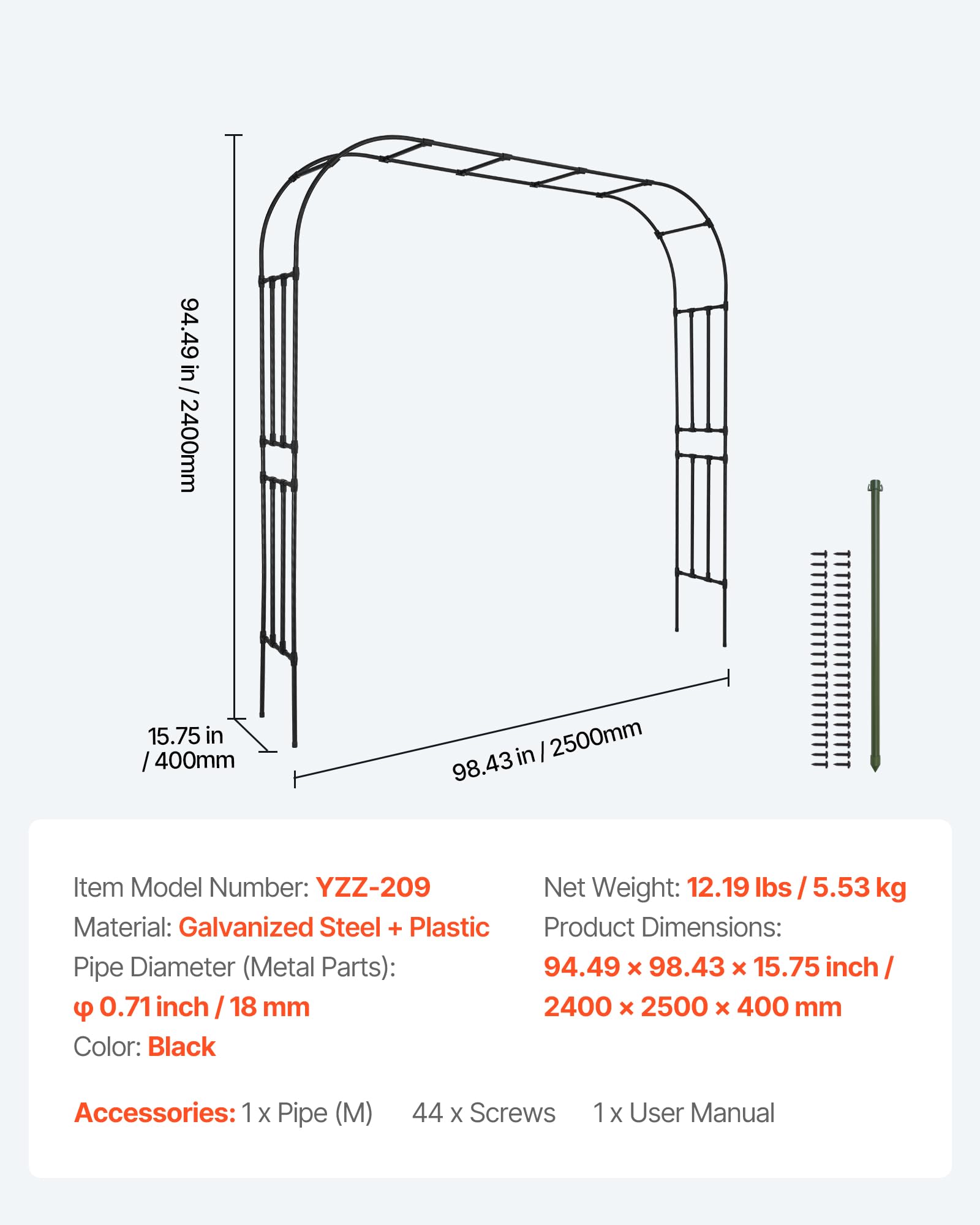 VEVOR Arco de Metal para Rosas 240 x 250 x 40 cm Arco para Rosas Trepadoras con Tubos de Acero Galvanizado Resistente para Exteriores Decorativo para Plantas Trepadoras para Jardín, Boda, Negro