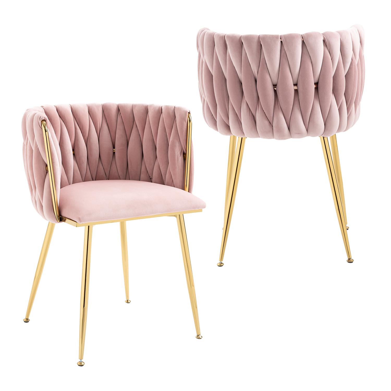 Nrizc Woven Dining Set of 2, Velvet Upholstered Chairs With Gold Metal Legs, Modern Accent for Living Room, Kitchen (Pink)
