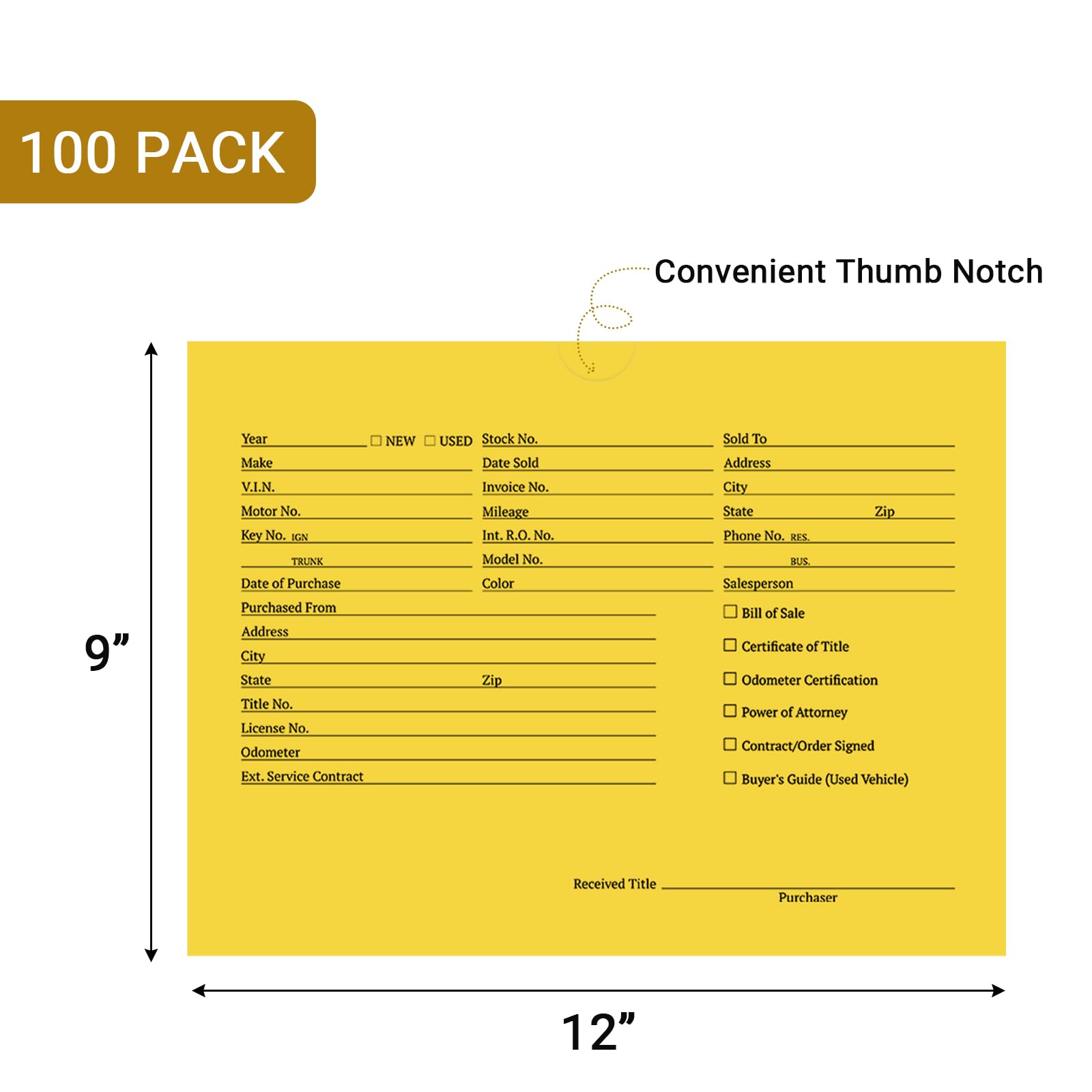 Paquete de 100 chaquetas de vehículos para concesionarios, sobres impresos de vehículos de 9 x 12 pulgadas, carpetas de ventas de automóviles, sobres de registro de distribuidores (amarillo)